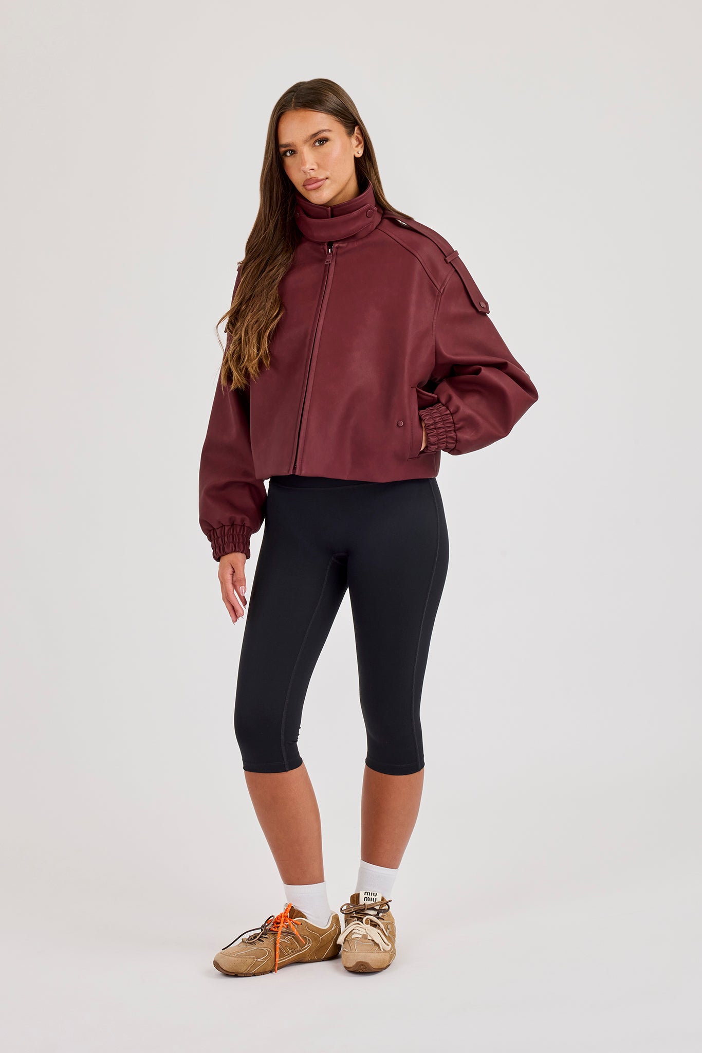 PU Funnel Neck Boxy Jacket - Oxblood Red
